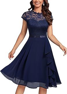 MIUSOL Women's Vintage Lace Contrast Chiffon Ruffles Classy Party Flared Swing Dress