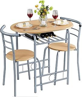 Yaheetech 3 Piece Compact Dining Room Set, Dining Table & Chairs Set for 2, Breakfast Bar Table Set with Metal Legs and Built-in Wine Rack for Small Space/Apartments/Kitchen, Natural, 80x53x75.5cm