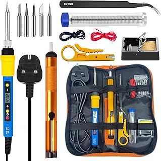Soldering Iron Kit, 80W LCD Adjustable Temperature 180-500°C Welding Tools, Solder Wire, Soldering Tips, Stand, Desoldering Pump, Tweezers