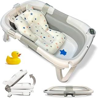 Foldable Baby Bathtub with Thermometer & Soft Cushion – Portable, Space-Saving, Travel, Non-Slip Design for Newborns, Infants, & Toddlers, Safety Plug & Bonus Rubber Duck (Grey)
