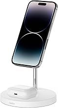 Belkin 2-in-1 Wireless Charger with MagSafe, (15W Fast Charging iPhone Charger Stand for iPhone 14, 13, 12 Series, Airpods and Other MagSafe Enabled Devices with Included Power Adapter) - White