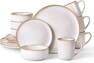 Homikit Dinner Set for 4, 16-Piece Reactive Glaze Kitchen Dinnerware Sets, Elegant Stoneware Included Plates Bowls and Mugs, Non-Scratch & Sturdy, Dishwasher & Microwave Safe, Cappuccino Beige