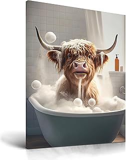 UPWOIGH Funny Bathroom Wall Art Decor,Highland Cow Wall Art, Waterproof Wood Framed Canvas Wall Art Bathing Animals Humor Abstract Prints, 12x16in High-end Pictures for Bedroom Kids Room 1 Pack