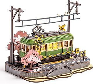 ROBOTIME Model Kits for Adults to Build Sakura Tram with LED Lights, 3D Wooden Puzzles Home Decor Gift for Adults Women Girls