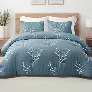 Exclusivo Mezcla Coverless Duvet Set with 2 Pillowcases, 7.5 Tog Double Size Reversible Duvet All Seasons with Flower Pattern, Lightweight and Warm, Blue