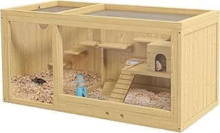 PawHut Wooden Hamster Cage with Water Bottle, Small Animal Exercise Play House with Platforms, Openable Roof, Sliding Tray, Hut, Seesaws, Natural Wood Finish