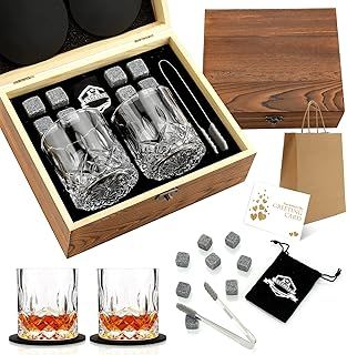 Whiskey Stones, Whiskey Glass Gift Set, Whisky Rocks Chilling Stones in Handmade Wooden Box– Cool Without Dilution – Whisky Glasses Set of 2, Gift for Dad, Husband, Men (Round1)