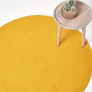 HOMESCAPES Mustard Yellow Handmade Braided Round Rug For Bedroom & Living Room Reversible Woven Cotton Circular Rug, 120 cm