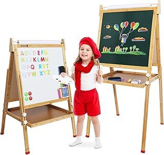 Dripex Kids Easel Bamboo,Childrens Art Easel with Paper Roll,Double-Sided Height Adjustable Magnetic Chalkboard Easel,Kids Painting Blackboard with Other Accessories for Toddler