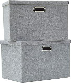 AlphaHome Large Storage Boxes with Lids [2 Pack], Foldable Linen Fabric Storage Baskets for Organising Clothes and Toys(Glaucous Grey, 39x27x25cm)