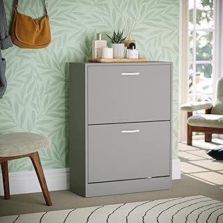 Vida Designs 2 Drawer Shoe Cabinet Cupboard Shoe Storage Pull Down Shoe Organisation Storage Organiser Wooden Furniture Unit (Grey)