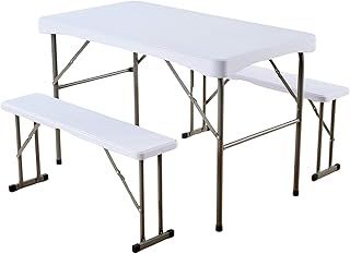 Home Source Folding Trestle Set of 2 Heavy Duty Camping BBQ Picnic Party, White, Table and Bench