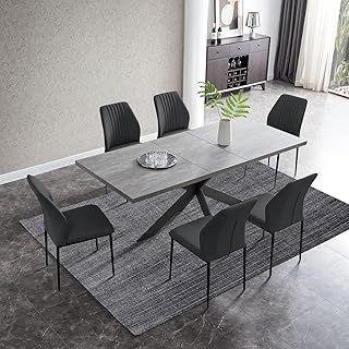 jiexi Extendable Dining Table and Chairs Set, Modern Dining Room Table Extending and Chairs 4-6 Seater, MDF Plate Suitable for Living Room, Kitchen, Length 130-170cm (table + 6 Black Chairs)
