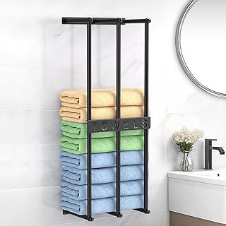 TOBWOLF 80x30cm Wall Towel Rack for Rolled & Folded Towels, Large Vertical Wall Mounted Towel Rack for Bathroom Towel Storage, Black Stainless Steel Towel Storage Rack Wall Towel Holder for Spa, Salon