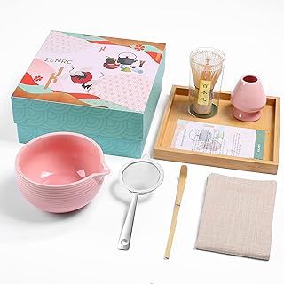 Ceremony Matcha Kit - Traditional Bamboo Matcha Whisk (Chasen) Scoop Chawan Bowl with Pouring Spout Whisk Holder Sifter Tray- The Perfect Matcha Set (Charming Black, Set of 7)