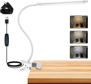 Akynite 8W Clip On Desk Light, UK Adapter Included, Flexible Gooseneck USB Lamp Bed Light, 3 Colours & 10 Brightness, Dimmable Bedside Reading Light, Desk Light Clip on for PC Office Bedroom, White