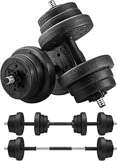 SONGMICS 2-in-1 Dumbbells Set, 2 x 10 kg Adjustable Dumbbells with Extra Barbell Bar, Plastic-Coated Weight Plates, Fitness Exercise, Home Gym, Ink Black SYL20HBK