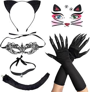 Black Cat Costume for Women, Black Cat Ears Masquerade Mask Necklace Gloves Cat Tail Face Stickers, Cosplay Accessories for Adult Kid Halloween Party Stage Show