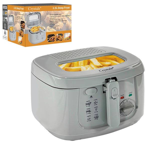 Crystals 2.5L Electric Deep Fat Fryer with Non-Stick Coating, Viewing Window, Internal Mesh Basket & Safety Handle – 1800W Countertop Deep Fryer for Fast & Easy Cooking, Home Kitchen Use (Grey)