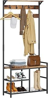 Leader Accessories Hallway Coat Stand Industrial Coat Rack free standing Hall Tree with Shoe Bench 9 Hooks Metal Frame 33"x12"x71.5"(L/W/H) White
