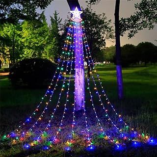 Esoes Christmas Lights Tree 350 LED Outdoor Christmas Decorations Waterfall Fairy Lights Waterproof Mains Powered with Topper Star 9 Strand String Light 8 Lighting Modes Fairy Lights (Colourful)