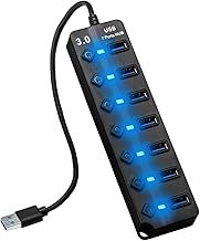 7-Port USB 3.0 Hub - 5Gbps Powered Hub with Individual Power Switches and LED Lights - Multiport Adapter for PC, Laptop, Printer, Xbox