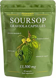 Soursop Graviola Capsules | Extra High Strength 13500mg 30:1 Extract Per Serving by Roundway Supplements | Potent Antioxidant, 2 Month Supply. Made in The UK - 60 Vegan Capsules