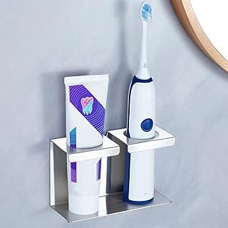 YYBO Toothbrush Holder, Electric Toothbrush Holder Wall Mounted, SUS304 Stainless Steel Metal Tooth Brush Holder for Bathroom, Adhesive Non Screw Toothpaste Holder, Toothbrush Organiser