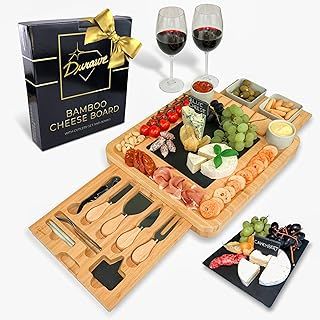 Bamboo Cheese Board and Knife Set Ceramic Bowls Wine Opener - 100% Organic Wood Serving Tray Charcuterie Board Perfect Choice for Gourmets, Birthday Presents, Wedding Gifts, Mothers & Housewarming
