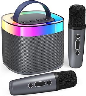 Bluetooth Portable Karaoke Machine, Bluetooth Karaoke Speaker with 3 Built-in Speakers with 2 Microphones and Party LED Lights, Gift for Friends, Black