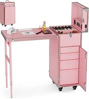 CyyKcc Manicure Trolley with Table, Pink Foldable Traveling Nail Desk w/Storage, Worktable and Mirror, Bluetooth Player Cosmetic Case
