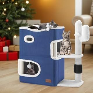 YITAHOME 2-Tier Cat House, Indoor Cat Cave Bed Playhouse, Cat Tunnels with Scratch Pad and Hideaway Cube, Cute Modern Cat Condo Furniture for Multi Small Cats, Cactus (Blue)