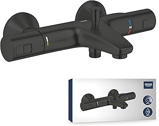 GROHE Precision Start – Black Thermostatic Bath Mixer with Automatic Bath/Shower Diverter (Wall-Mounted, EcoButton Water-Saving Technology, Safety Button at 38°C), Matt Black, 345982430