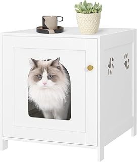 Cat Litter Box Enclosure, 52 cm L Hidden Litter Box Furniture, Wooden Indoor Pet House with Front Arched Door, Side End Table, Nightstand for Living Room, Bedroom, White CB82213X