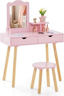 COSTWAY Kids Vanity Table and Stool Set, 2-in-1 Princess Makeup Dressing Tables with Mirror, Drawers & Storage Shelf, Wooden Children Study Desk for Toddlers (Light Pink)