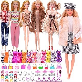 Doll Clothes and Accessories Compatible with Barbie Dolls, 59 PCS Include 2 Sets Winter Suits 4 Tops Pants 1 Fringed Skirt 1 Swimsuit 10 Suspender Skirt 20 Shoes 27 Accessories for 11.5 inch Dolls