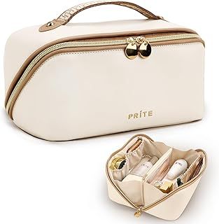Prite Large Capacity Makeup Bag Portable Travel Cosmetic Bag Waterproof Toiletry Case with Clear Divider and Handle (Beige)