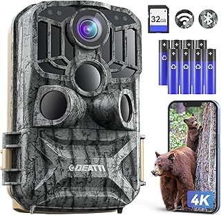 DEATTI Wildlife Camera, 4K 48MP HD WiFi Bluetooth Trail Camera with Night Vision Motion Activated, 120°Detection Angle with 32GB Card for for Garden Wildlife, IP66 Waterproof, 8*AA Batteries