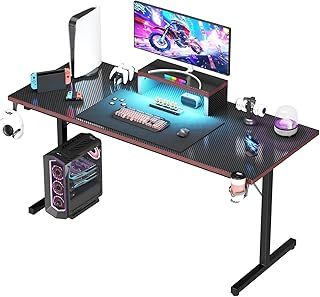 Devoko 160×60cm Gaming Desk With LED,Gaming Desks With Monitor Stand, Carbon Fibre Coating T-Frame Design,Ergonomic Computer Desk with Cup Holder And Headphone Hook, Black