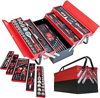 Widmann Hand Tool Set in Steel Cantilever Toolbox Tool Kit in Metal Case (86 piece), Red