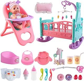 deAO ‘My First Baby Doll’ Play Set Includes Miniature Crib, High Chair, Feeding Accessories - 21 Pieces Toy Play Set (Baby Doll Included)