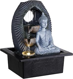 Indoor Water Fountain Stone Buddha Tabletop Water Feature with LED Light Candle 21 * 17.5 * 25CM Feng shui Meditation Zen Fountain for Relaxing Indoor Decoration, 3 Pin UK Plug Included