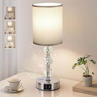 Aooshine Touch Table Lamp, Crystal Grey Bedside Lamps with 3 Way Dimmable, Small Bedside Lamps with USB C+A Charging Ports, Bedroom Lamp with Grey Fabric Shade for Living Room (LED Bulb Included)