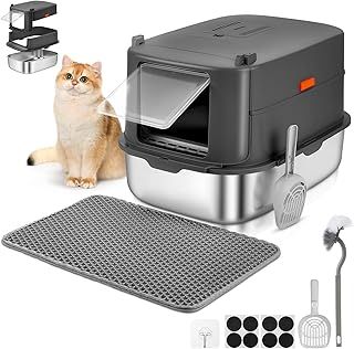 Papettly High Sided Stainless Steel Litter Box with Lid, Extra Large Cat Litter Trays Hooded Cat Litter Box, Enclosed Litter Box for Big Cats with Cat Litter Mat, Scoop, Brush, Easy Clean, Detachable