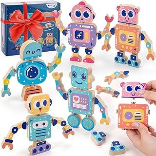 Building Blocks Montessori Toys, Fine Motor Skills Toys Construction Toys with Snap Fasteners, Wooden Blocks Travel Toys, Wooden Toys Learning Toys Gifts for 3 Year Old Girl Boy
