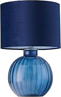 Contemporary Designer Midnight Blue Ribbed Glass Round Table Lamp with Matching Dark Navy Velvet Drum Shade | 1 x E27 60w Maximum | 42cm Height by Happy Homewares