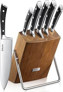 6-Piece Kitchen Knife Set with High Carbon German Stainless Steel Blades, Sharp Knife Block Set with Stylish Acacia Wood Block, Black