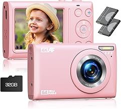 Digital Camera Pink, 4K 64MP Compact Digital Camera, Portable Small Vlogging Cameras with 2.4" Screen 18X Digital Zoom with Rechargeable Battery 32GB Card for Adult Teenagers Kids
