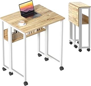 GreenForest Small Folding Desk with Storage Shelf,63 cm Computer Rolling Desk on Wheels Easy Assembly,Foldable desk for Small Space,Oak