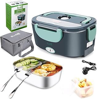 80W Electric Lunch Box, Portable Food Warmer for Car Truck Office, 12V 24V 220V Adapter, Leak Proof, 304 Stainless Steel Container, SS Fork & Spoon and Carry Bag (GreyGreen)